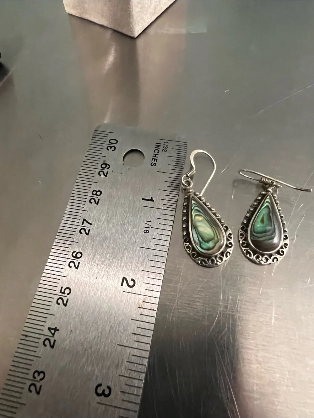 Sterling Silver Teardrop Abalone Dangle Earrings - Iridescent Green